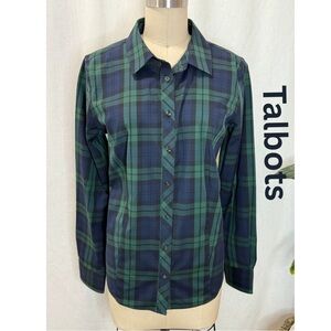 Talbots Green Navy Plaid Button Down Shirt Size 8 | Classic Long Sleeve